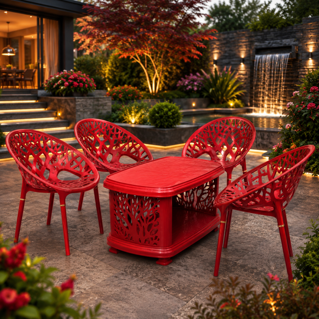 Plastic tree chair set Pakistan, outdoor garden furniture, luxury patio chair set, molded furniture Pakistan, plastic coffee table set, balcony furniture, lawn chair set, modern outdoor chairs, terrace furniture Pakistan, stylish plastic furniture.
