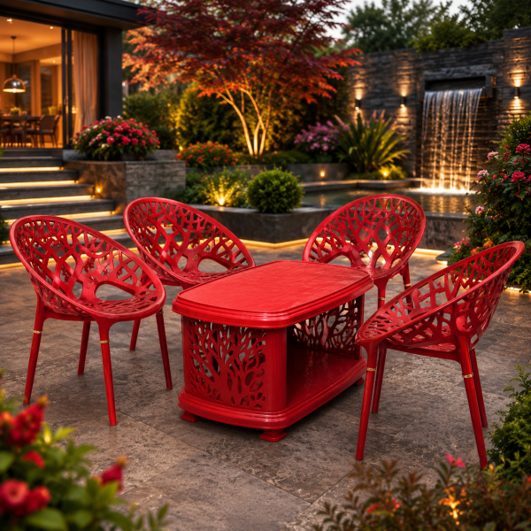 Plastic tree chair set Pakistan, outdoor garden furniture, luxury patio chair set, molded furniture Pakistan, plastic coffee table set, balcony furniture, lawn chair set, modern outdoor chairs, terrace furniture Pakistan, stylish plastic furniture.